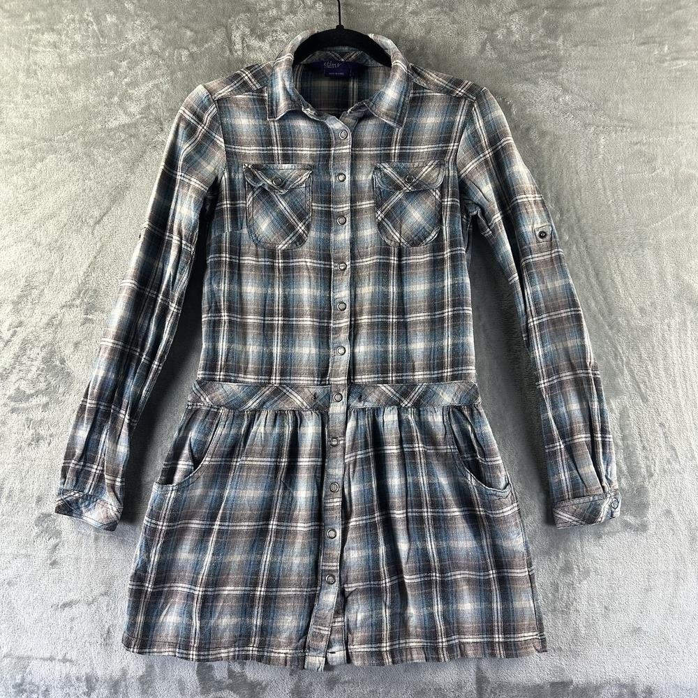 Miley Cyrus Max Azria Dress Women's S Turquoise Blue Black Plaid Pockets Snap